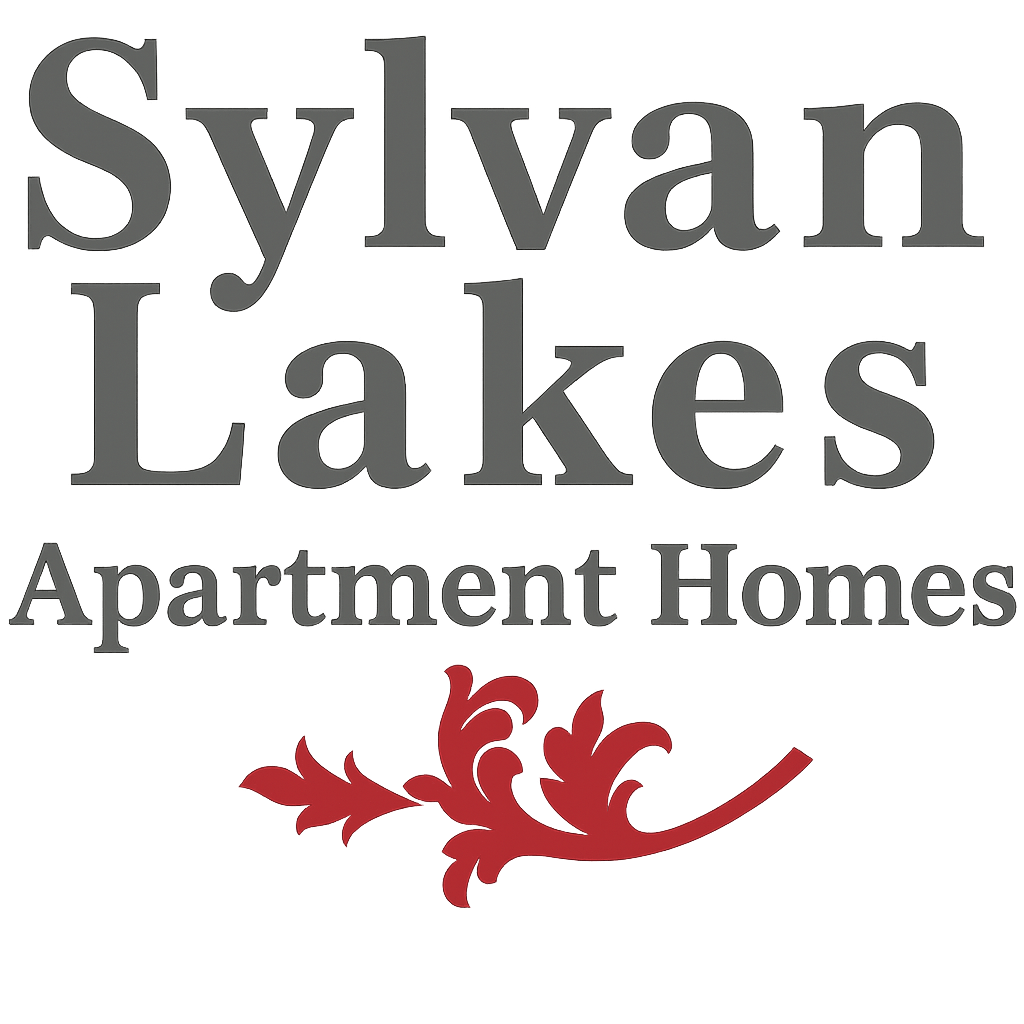 The image features the text "Sylvan Lakes Apartment Homes" with a red floral design.